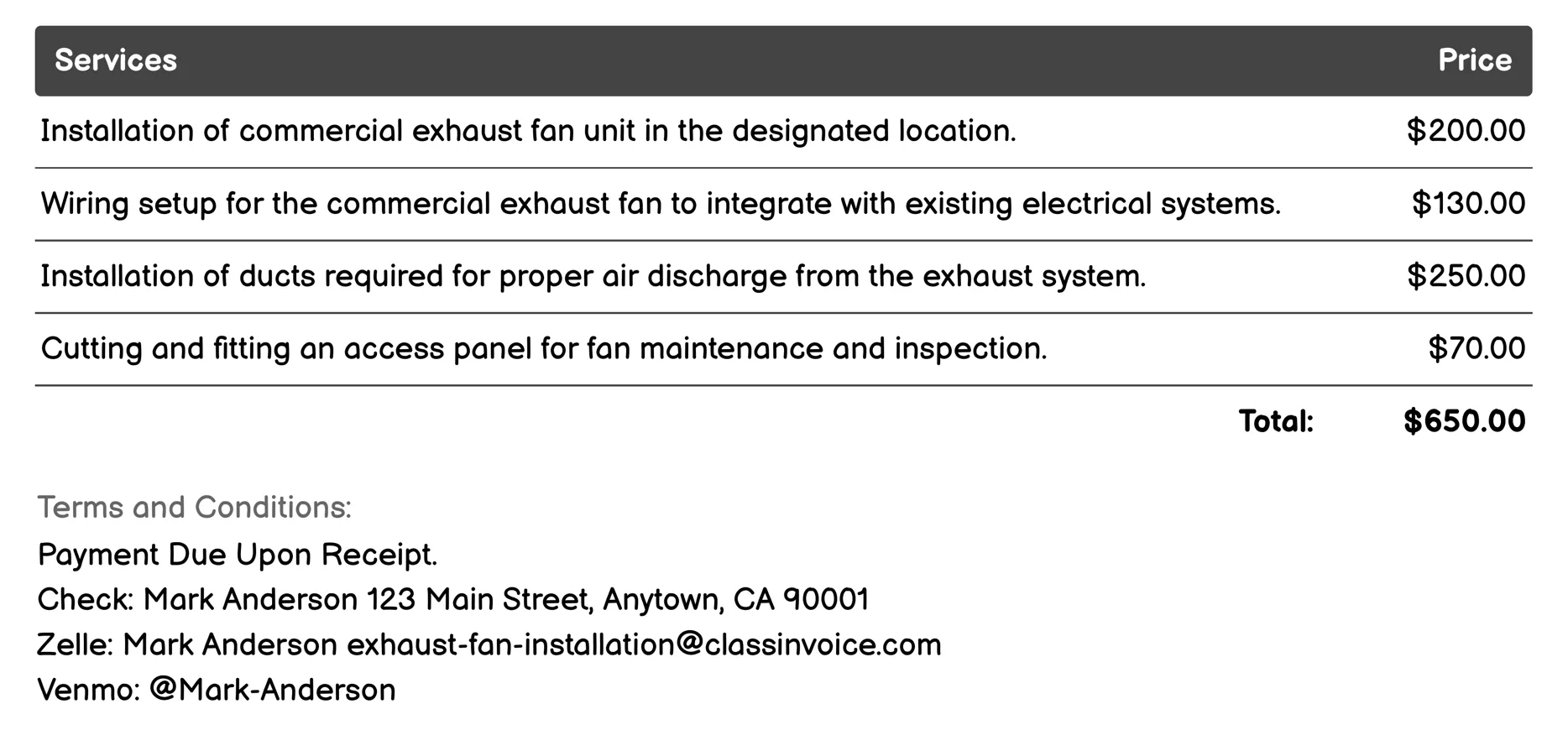 Commercial Exhaust Fan Installation Invoice Example