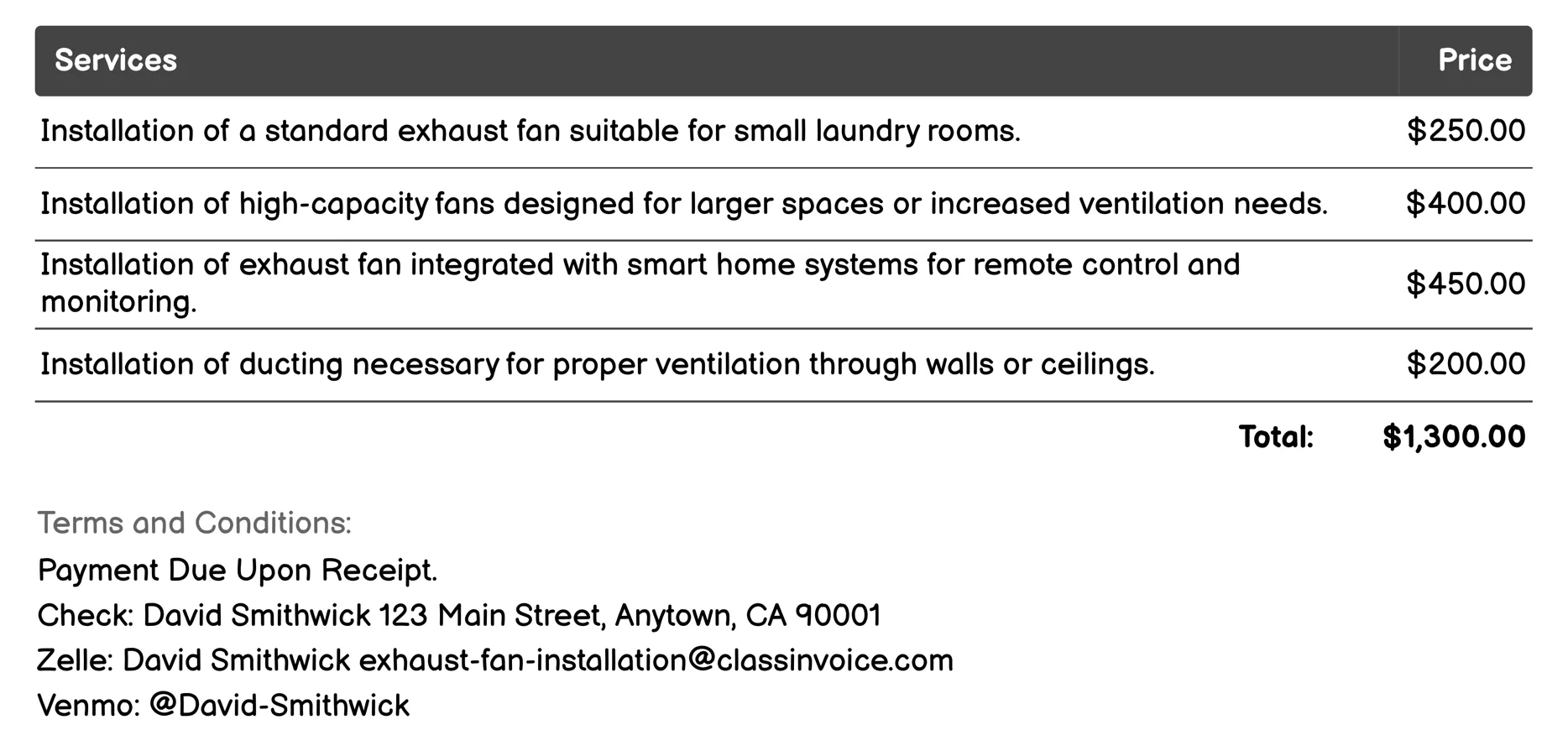 Laundry Room Exhaust Solutions Invoice Example