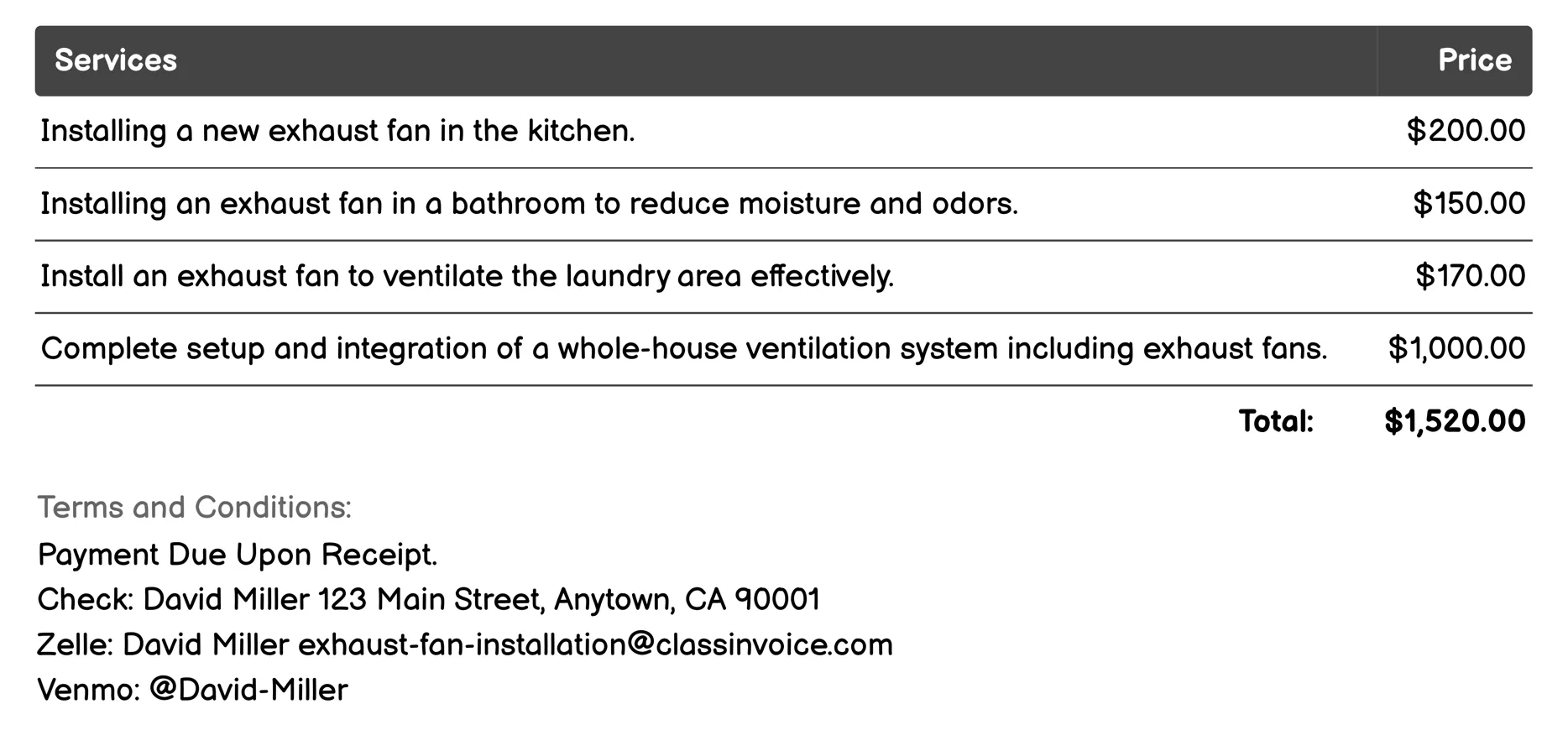 Whole-House Ventilation Systems Invoice Example