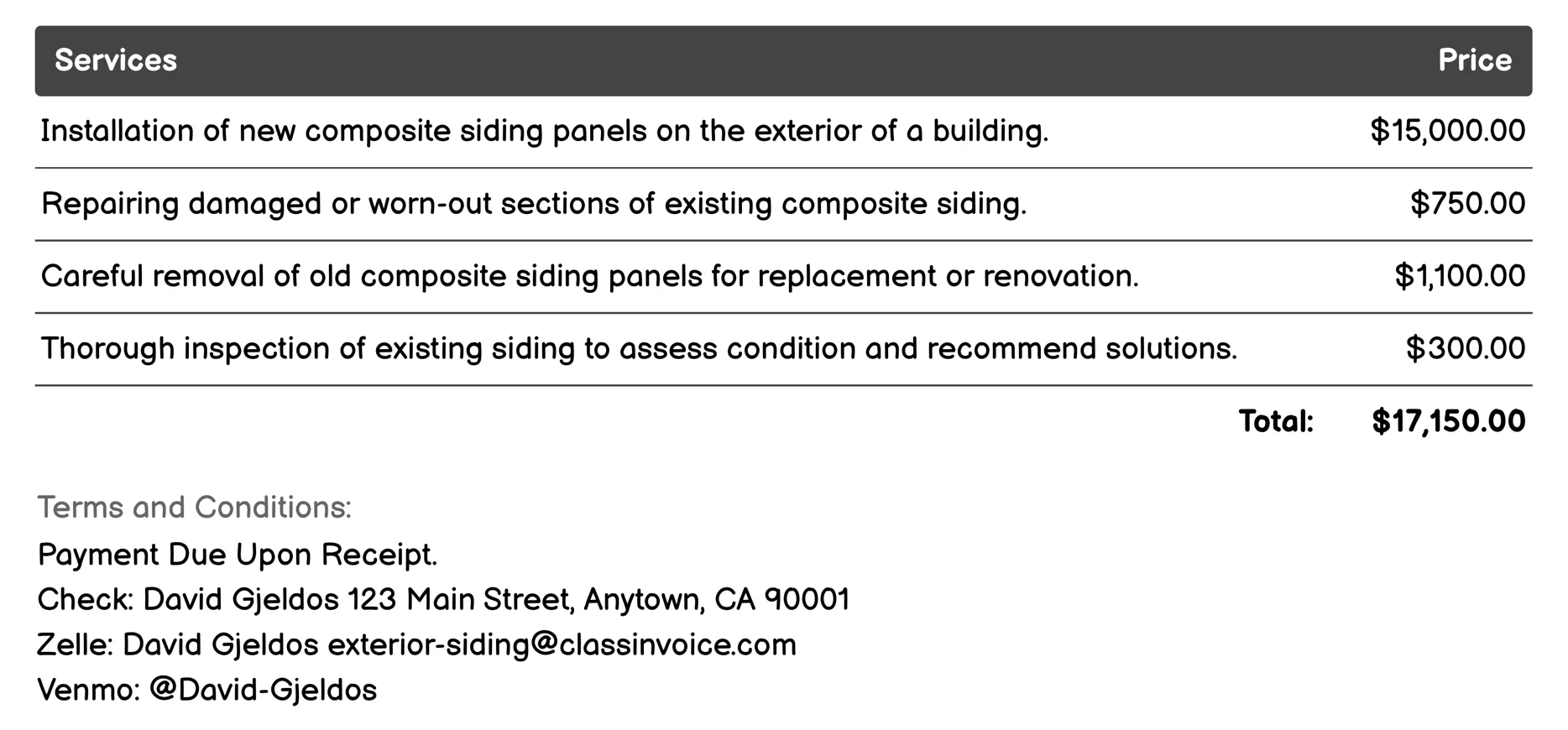 Composite Siding Invoice Example