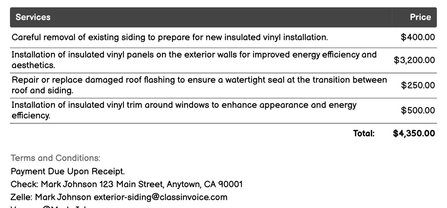 Insulated Vinyl Siding Invoice Example