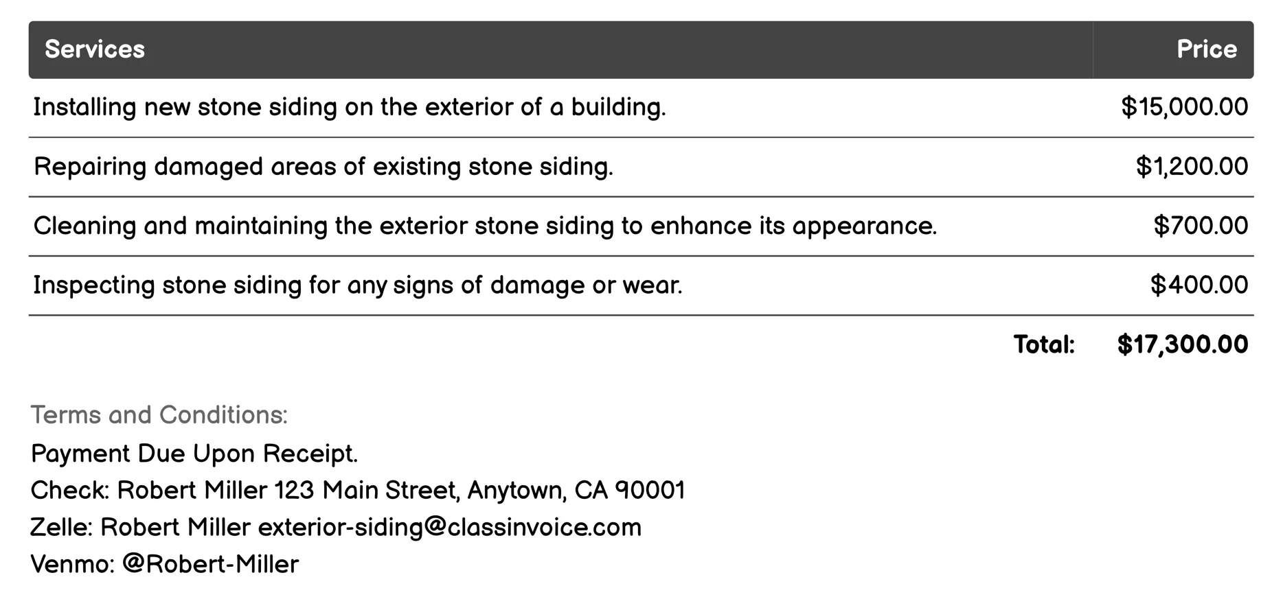Stone Siding Invoice Example