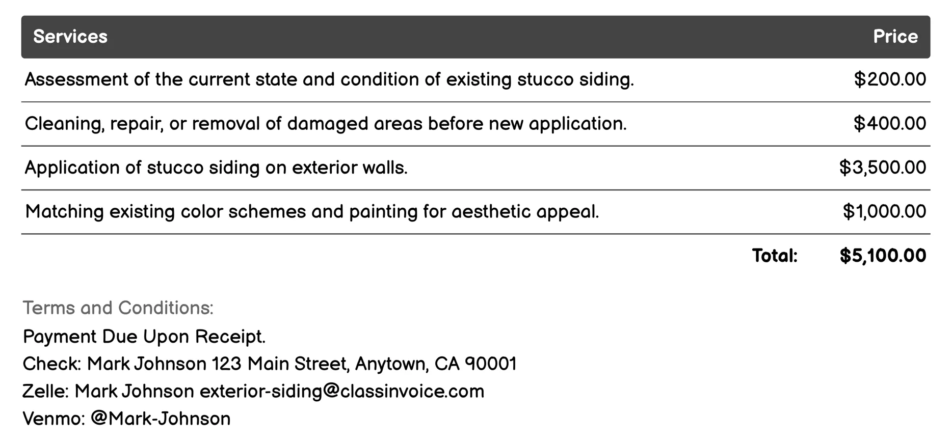 Stucco Siding Invoice Example