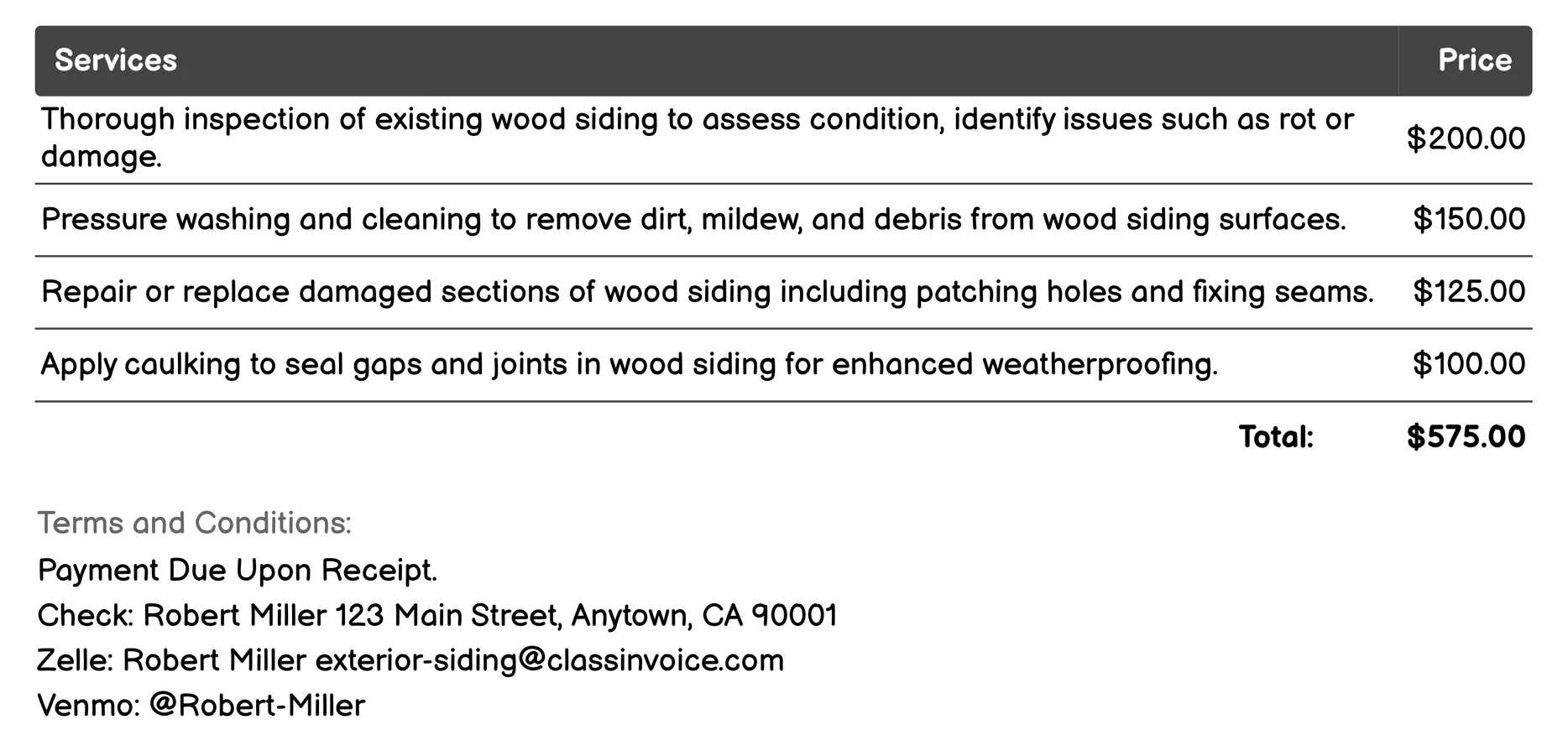 Wood Siding Invoice Example