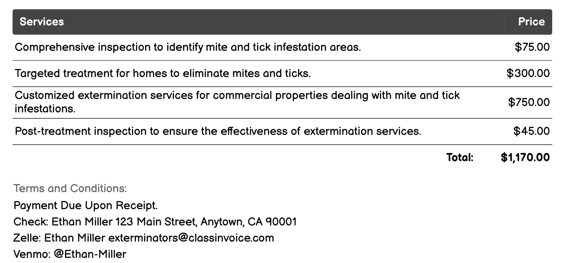 Mite & Tick Management Invoice Example