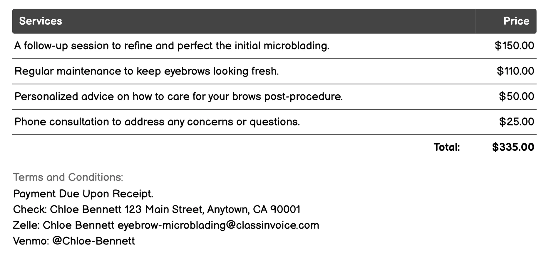 Aftercare Advice Invoice Example