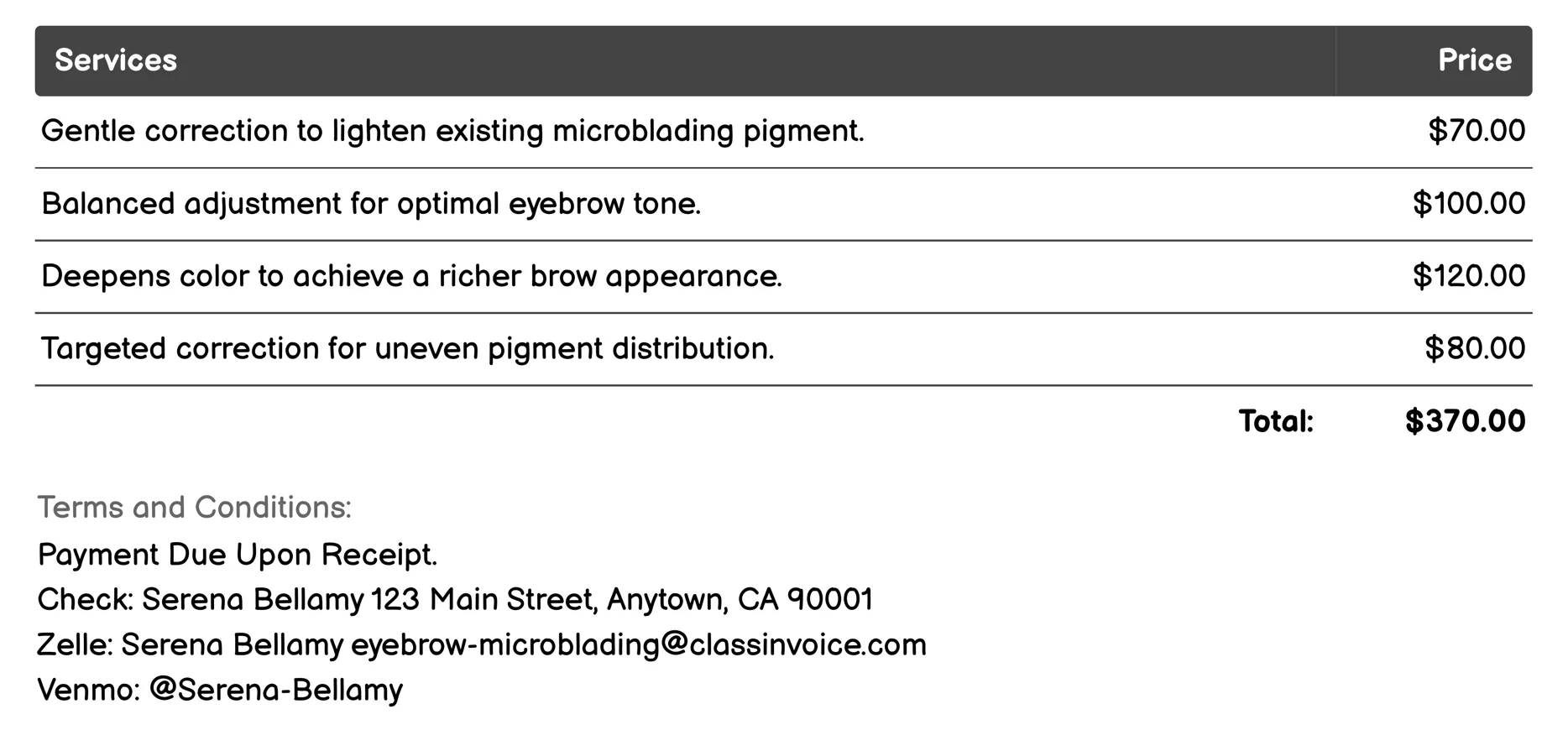 Shade Correction Invoice Example
