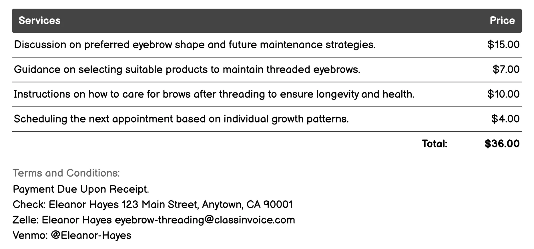 Aftercare Consultation Invoice Example