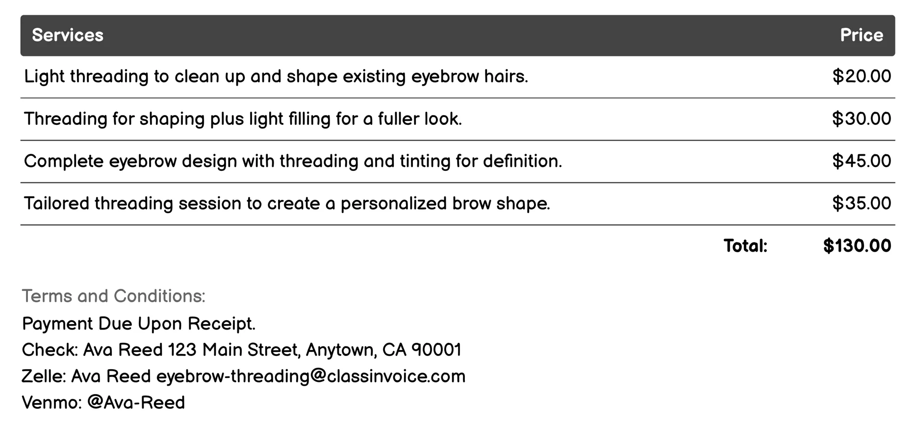 Brows Filling Invoice Example