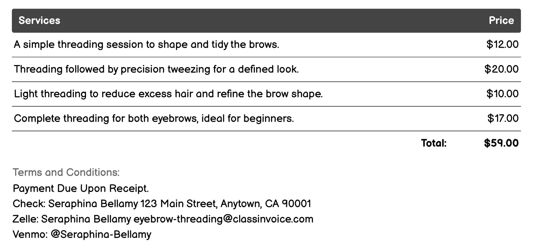 Brows Shaping Invoice Example