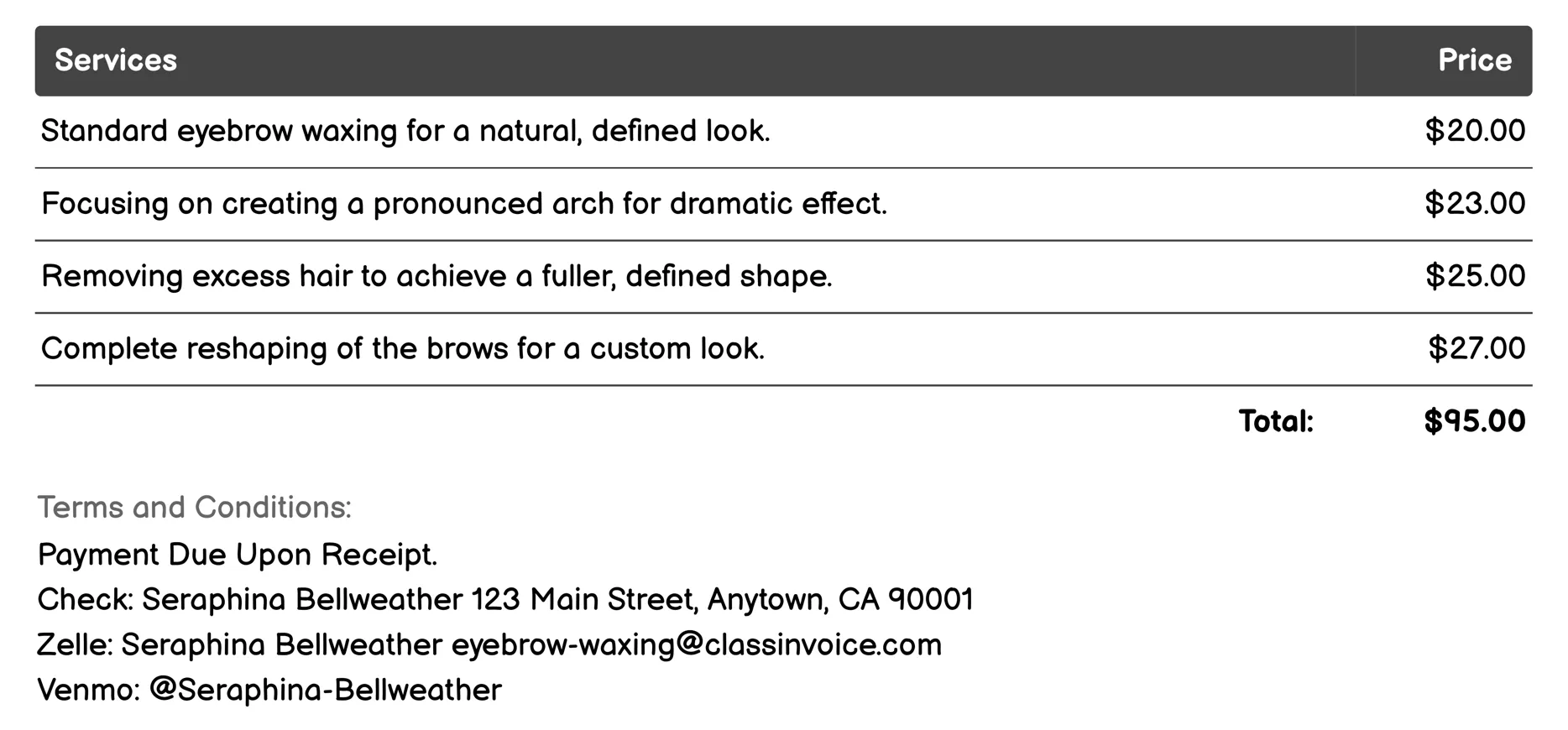 Customized Shape Waxing Invoice Example