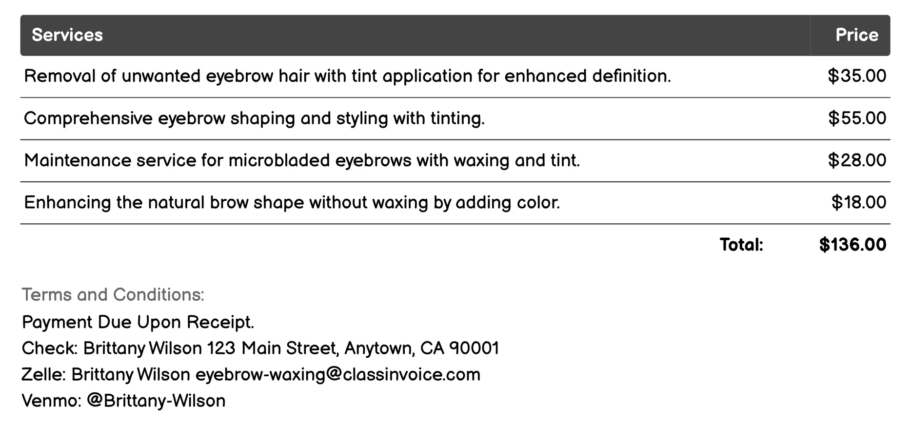 Eyebrow Waxing with Tint Invoice Example