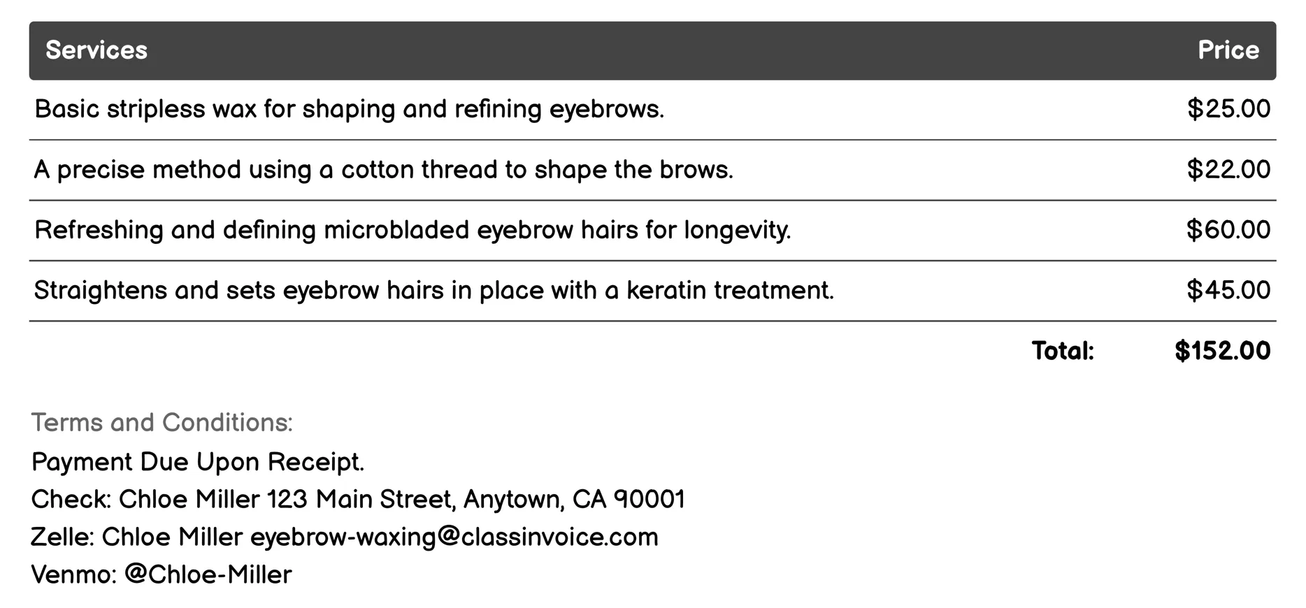 Stripless Eyebrow Waxing Invoice Example