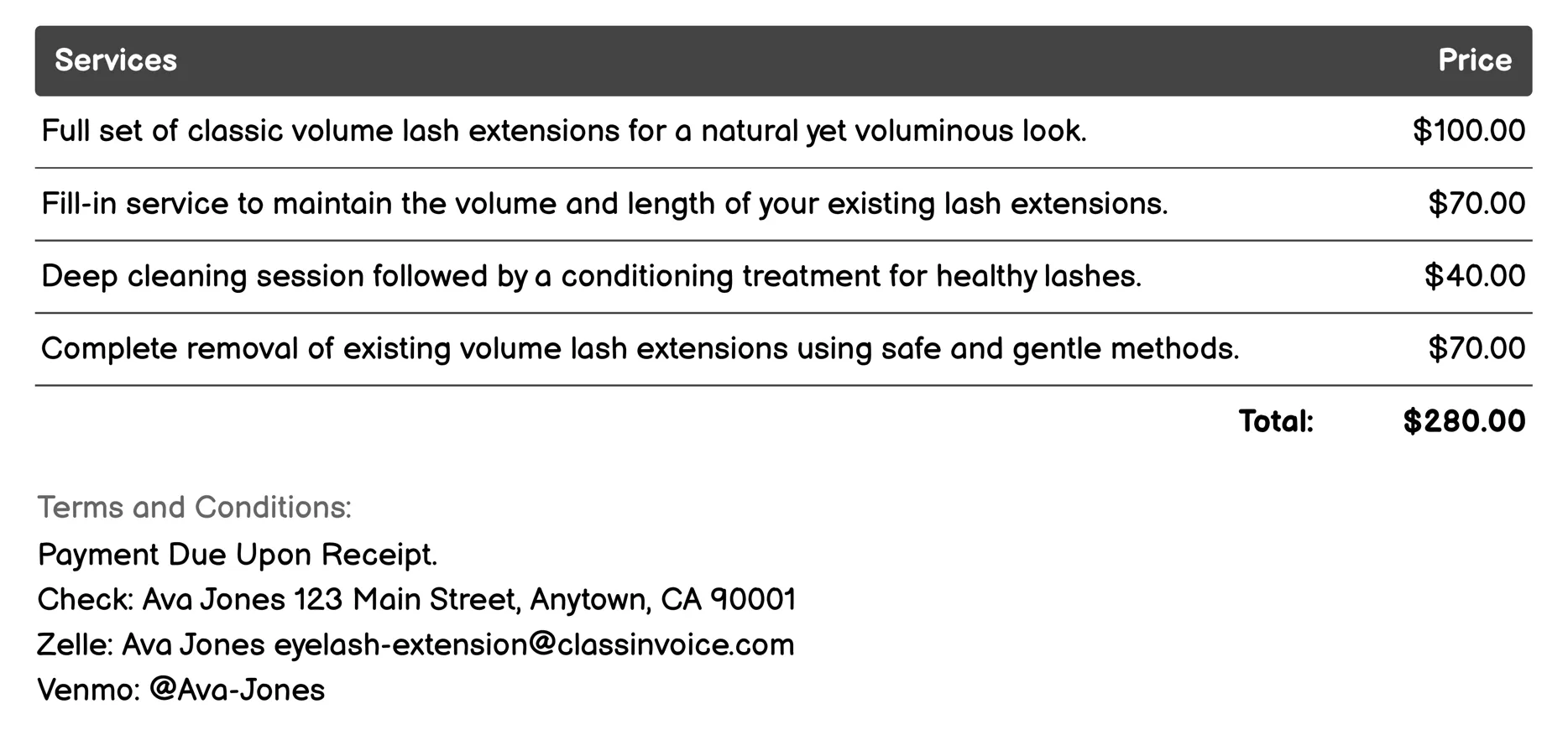 Classic Volume Lashes Invoice Example
