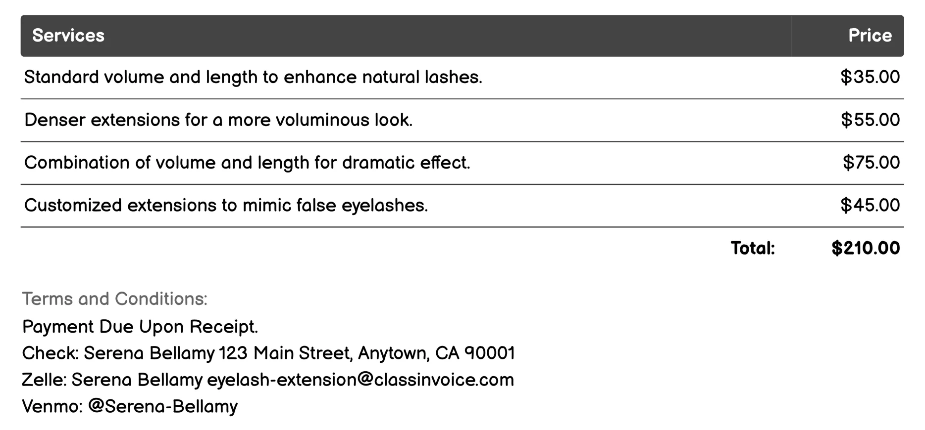 Falsies Invoice Example
