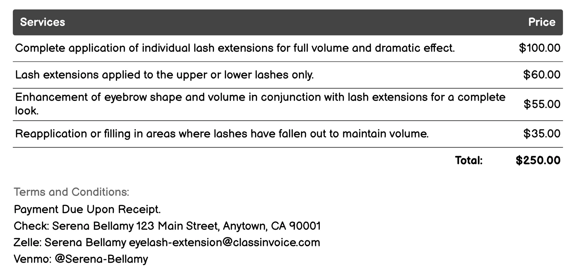 Russian Volume Lashes Invoice Example