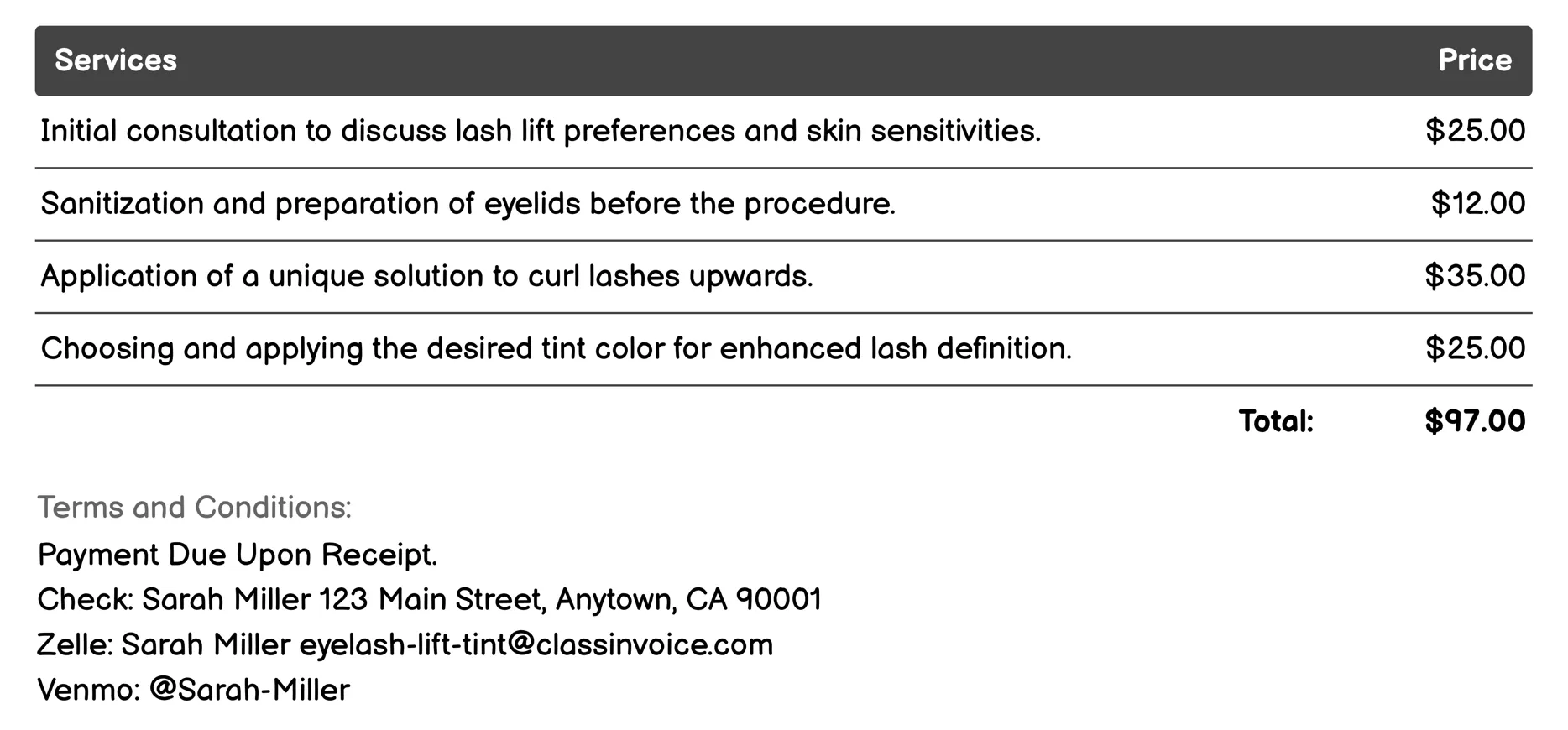 Customized Eyelash Lift and Tint Experience Invoice Example