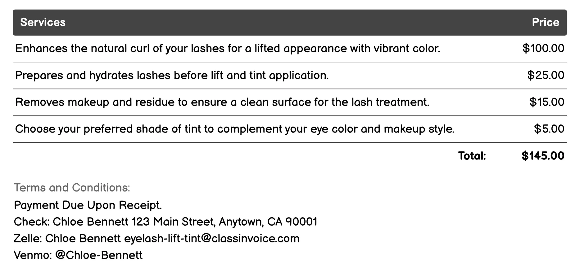 Dramatic Lash Lift and Tint Invoice Example