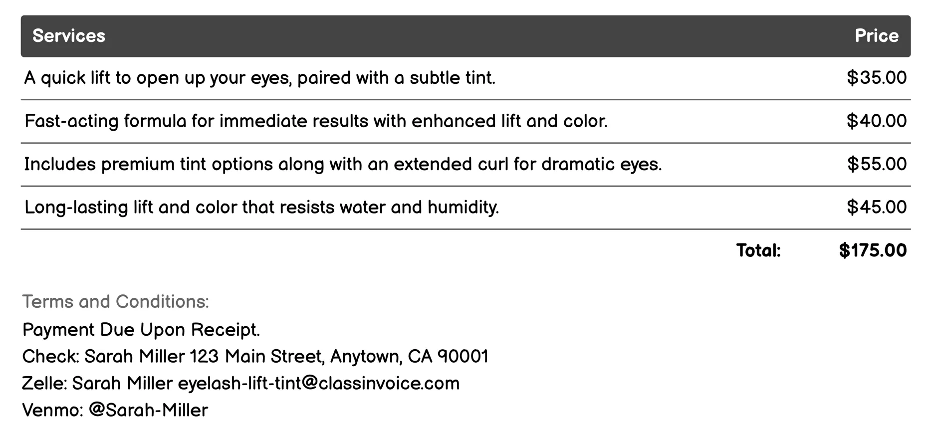Express Eyelash Lift and Tint Invoice Example