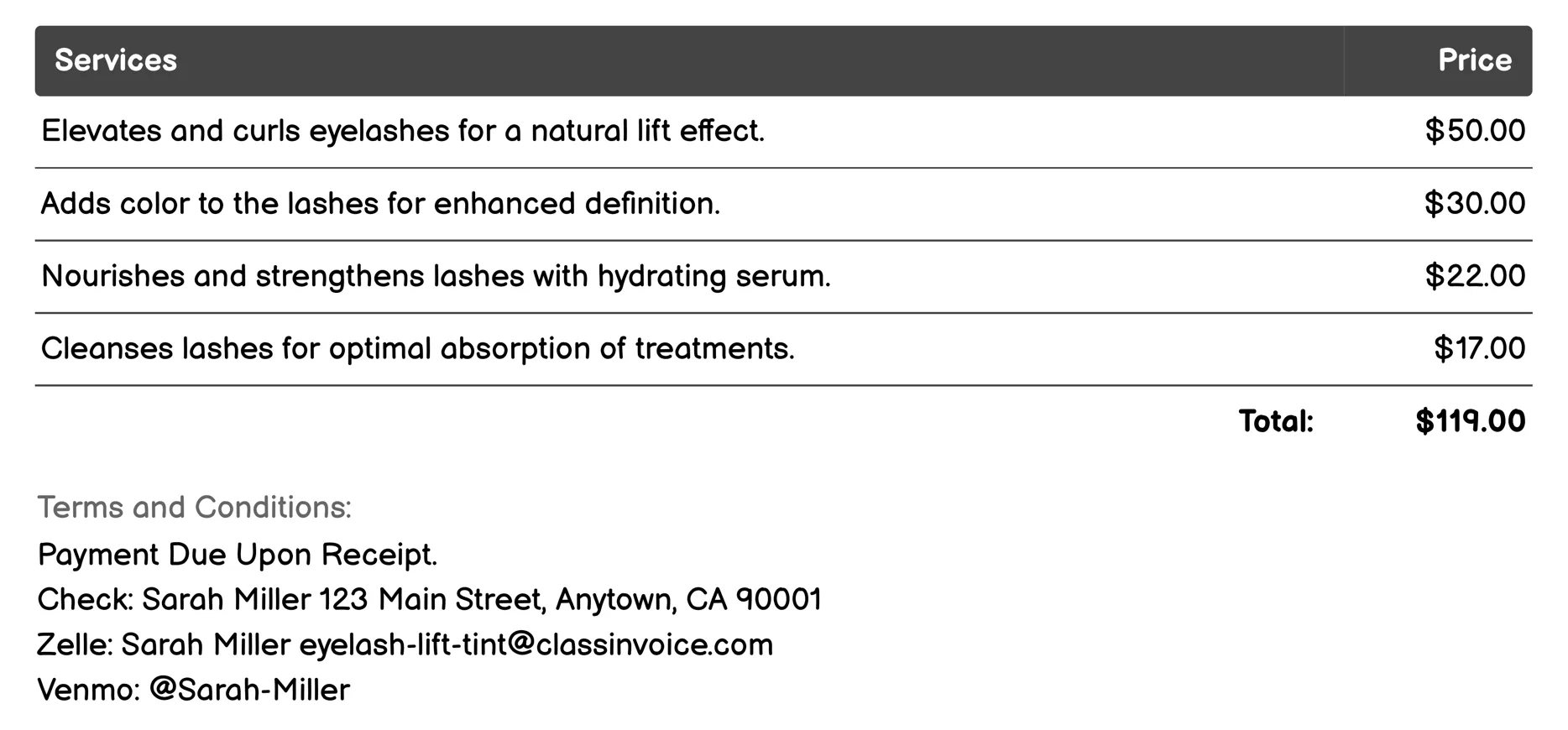 Eyelash Lift and Tint Maintenance Session Invoice Example