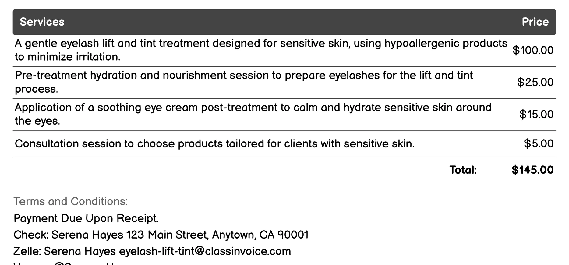 Sensitive Skin-Friendly Eyelash Lift and Tint Invoice Example