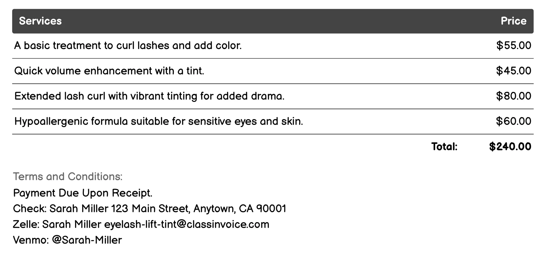 Volume Boost Eyelash Lift and Tint Invoice Example