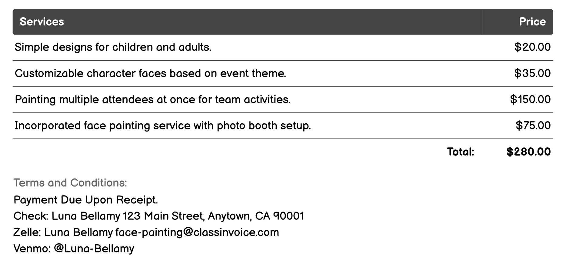 Corporate Events Invoice Example