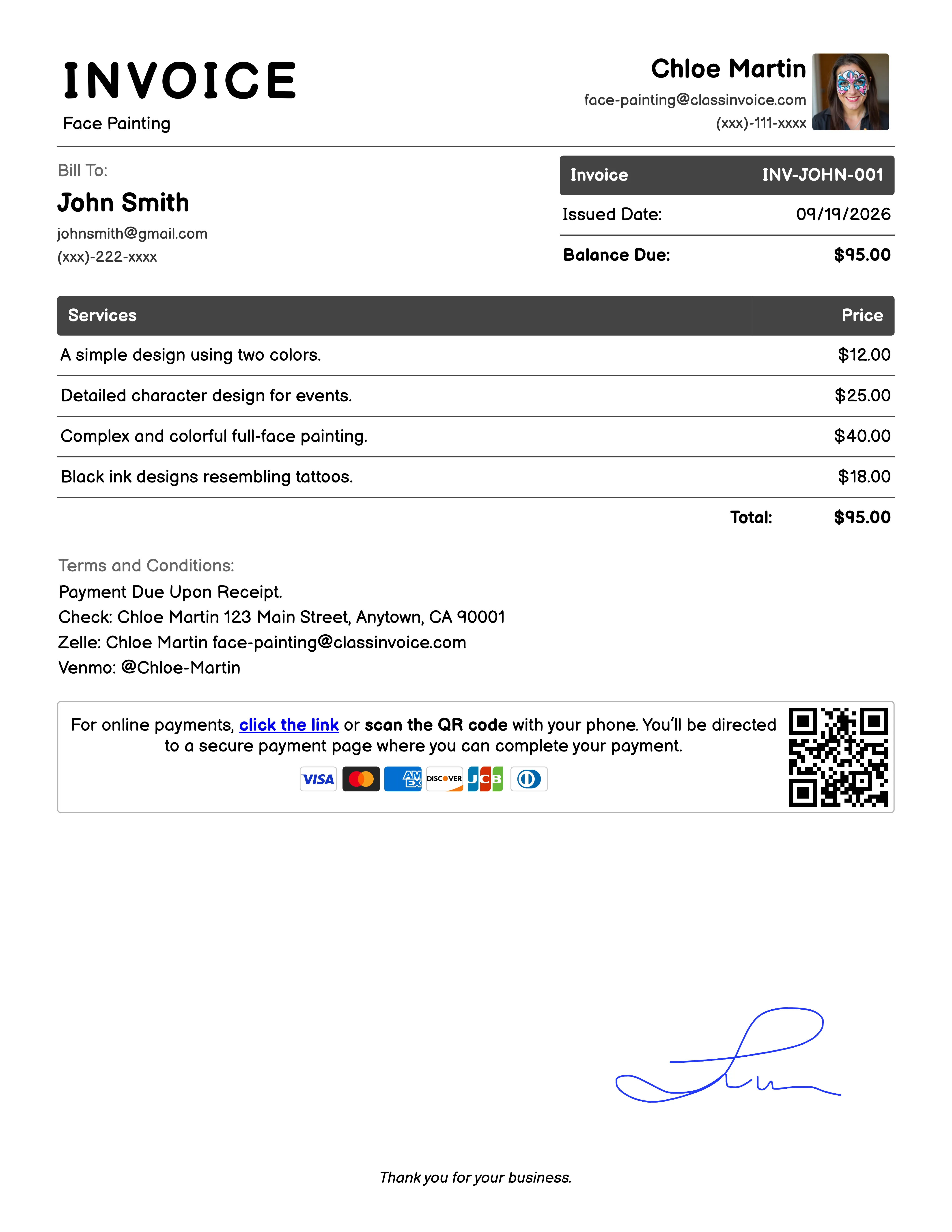 Face Painting Invoice Example