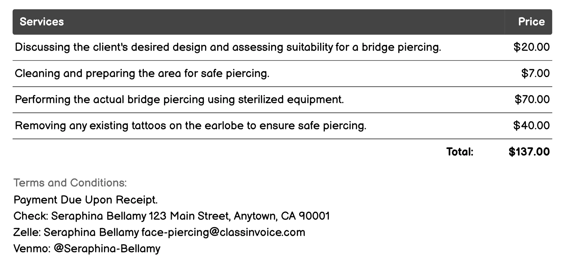Bridge Piercing Invoice Example