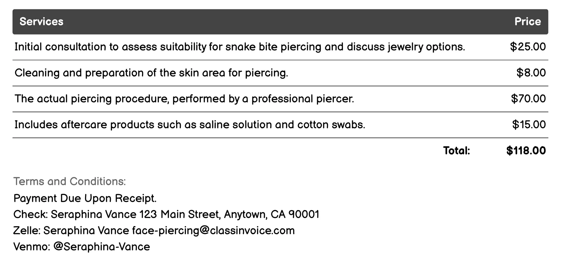 Snake Bite Piercing Invoice Example