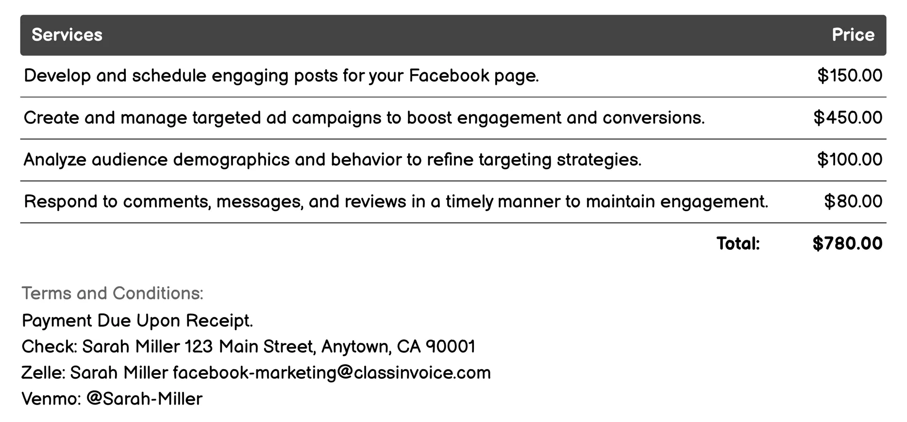 Facebook Page Management Invoice Example