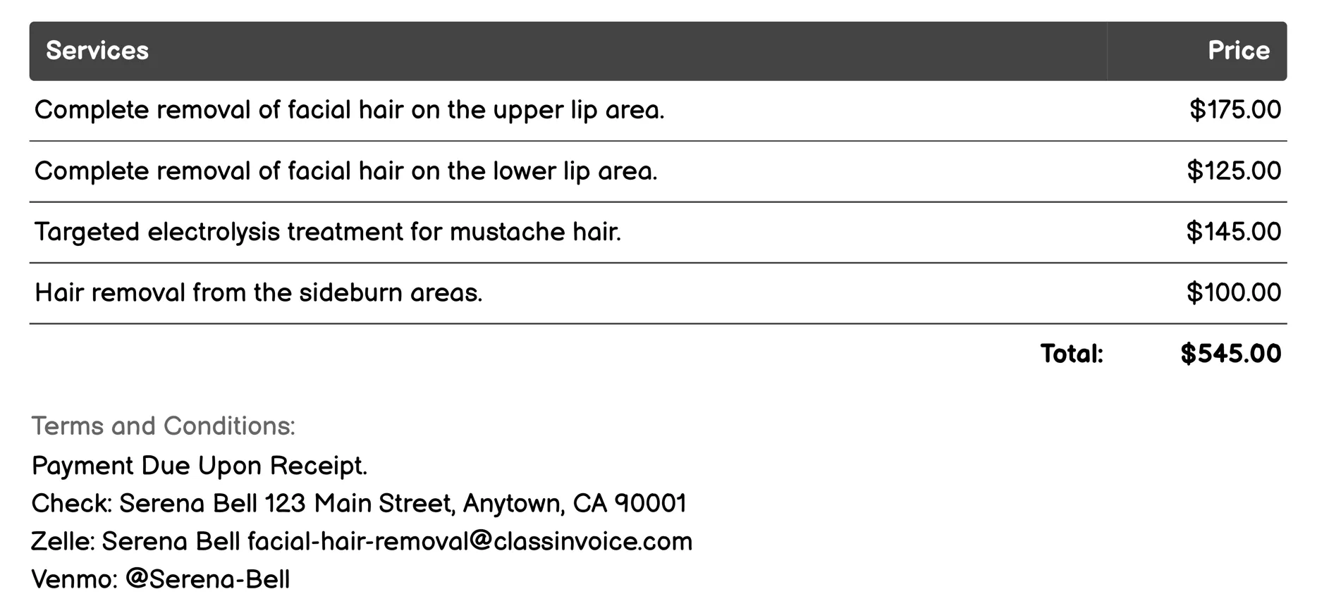 Electrolysis Invoice Example