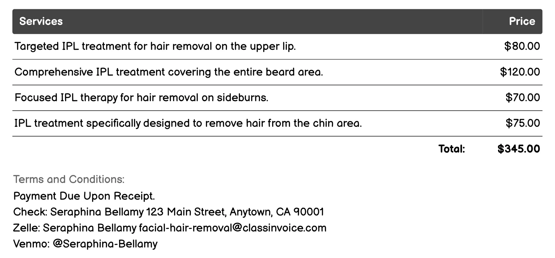 Intense Pulsed Light (IPL) Invoice Example