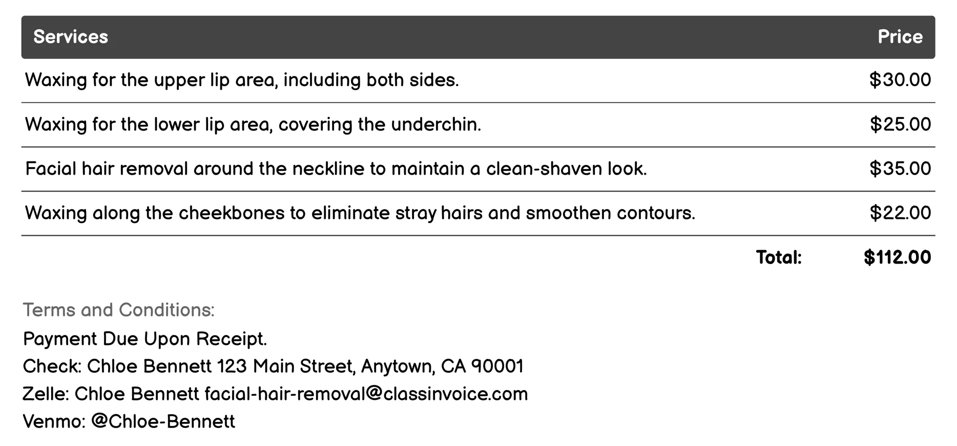 Waxing Invoice Example