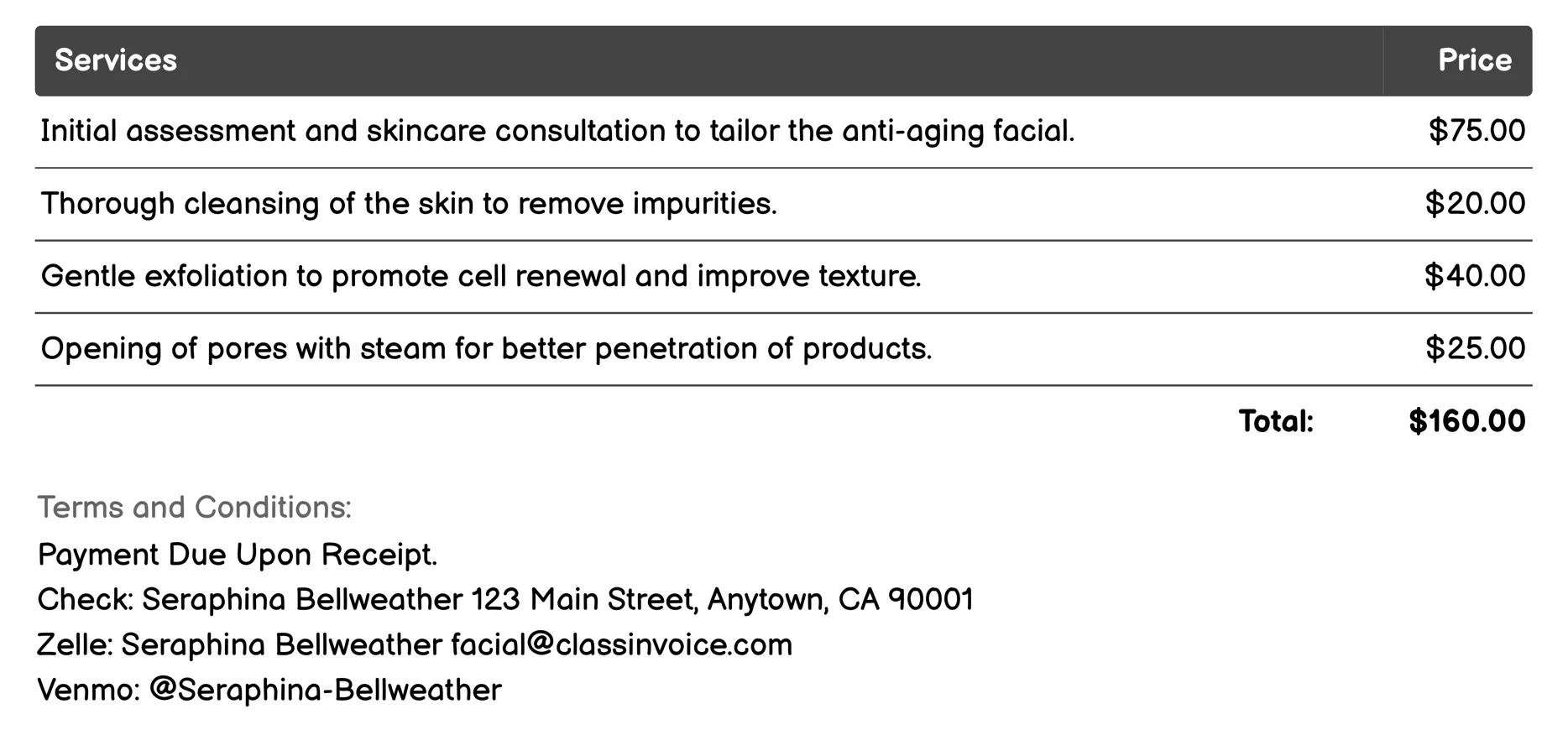 Anti-Aging Facial Invoice Example