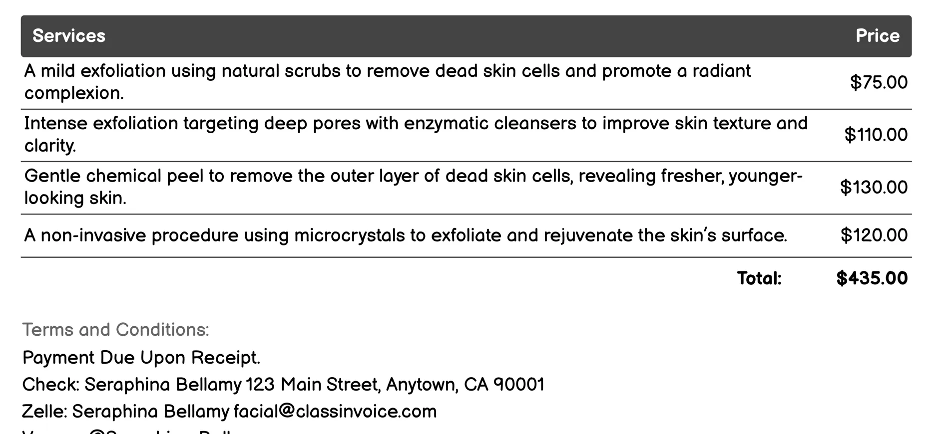 Exfoliating Facial Invoice Example