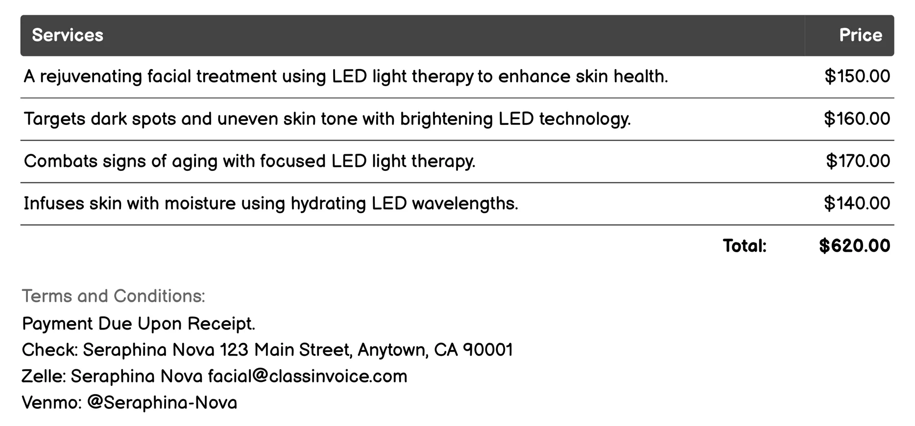 LED Light Therapy Facial Invoice Example