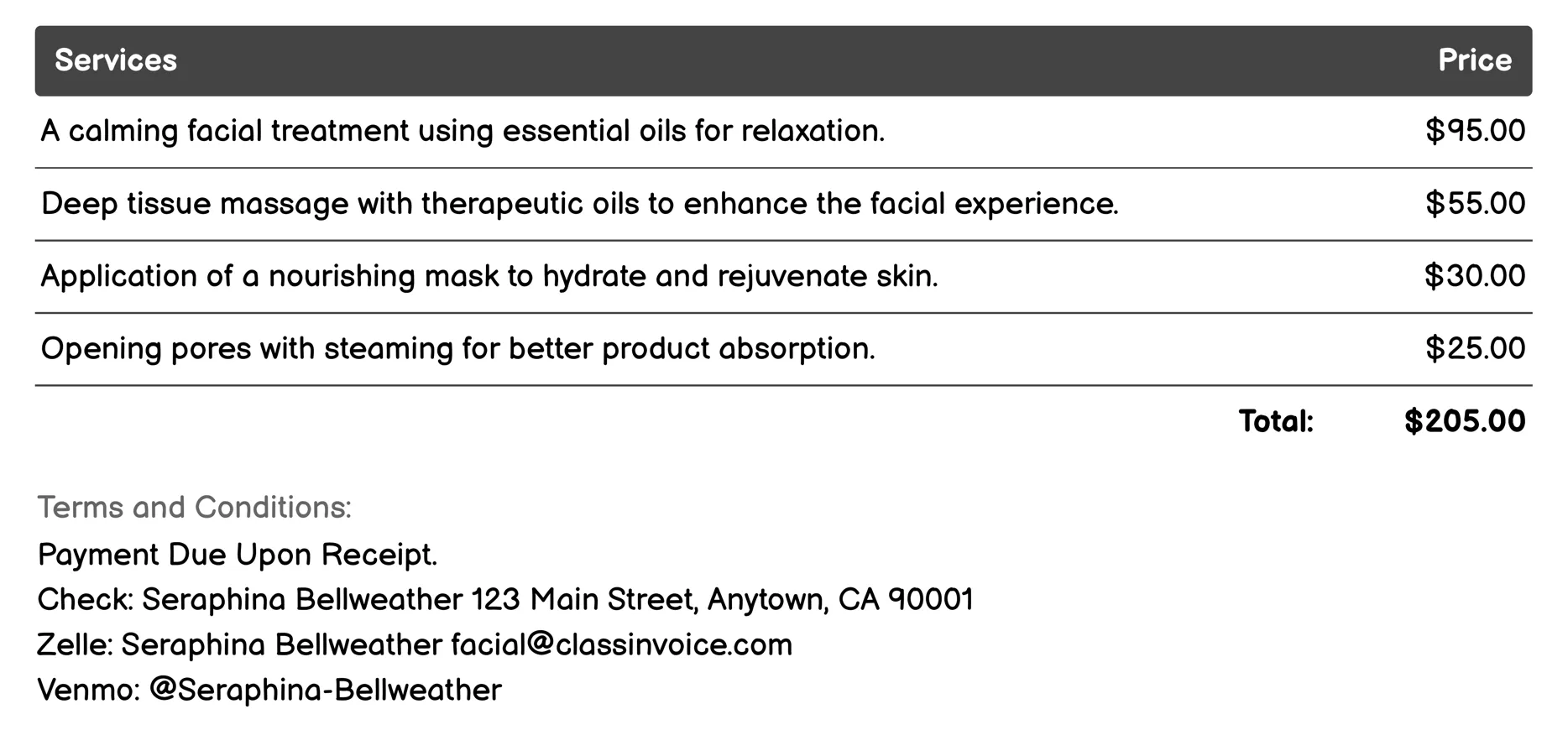 Soothing Aromatherapy Facial Invoice Example