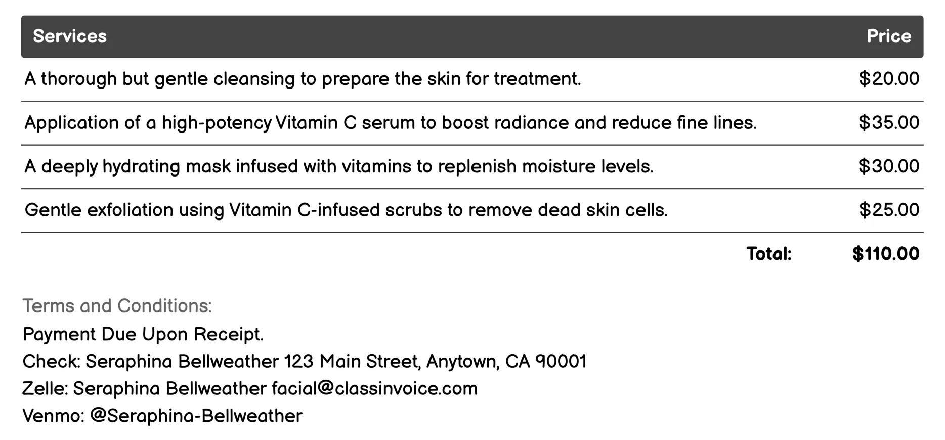 Vitamin C Facial Invoice Example