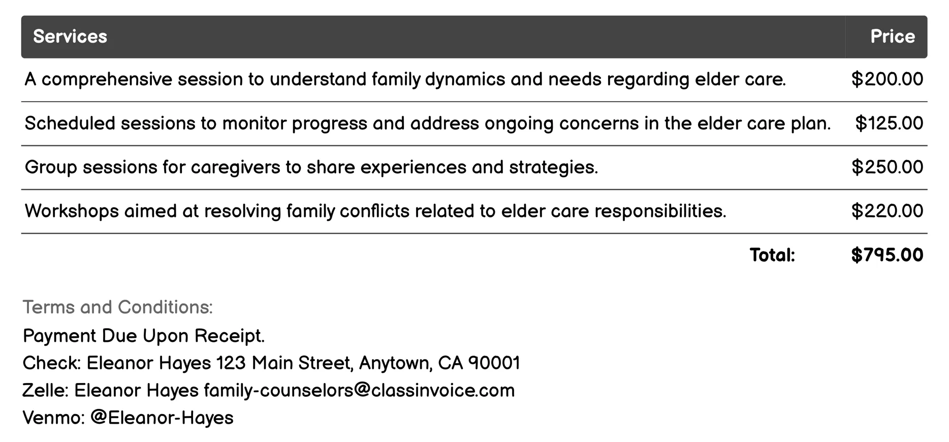 Elder Care Consultation Invoice Example