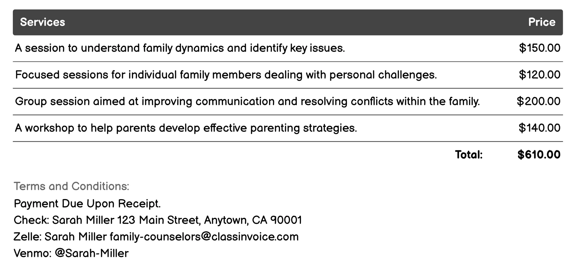Family Therapy Invoice Example