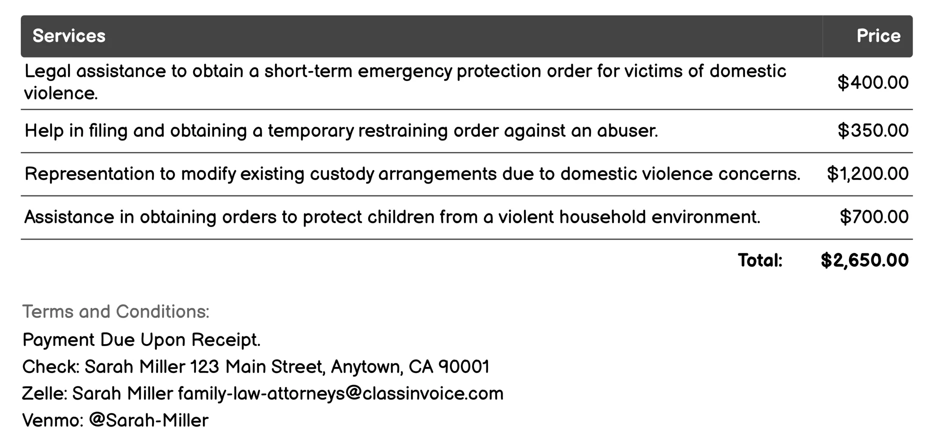 Domestic Violence Protection Invoice Example
