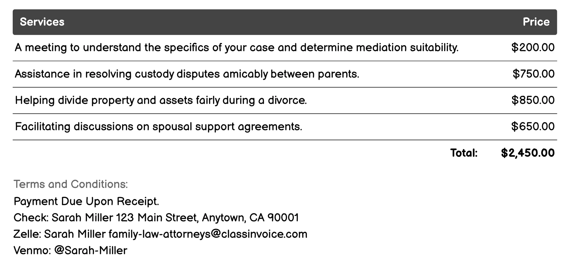 Mediation Services Invoice Example