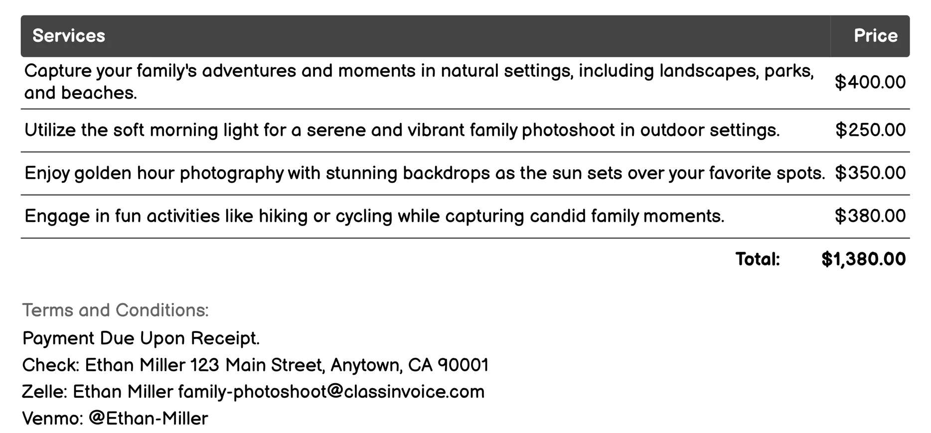 Outdoor Family Adventure Shoots Invoice Example
