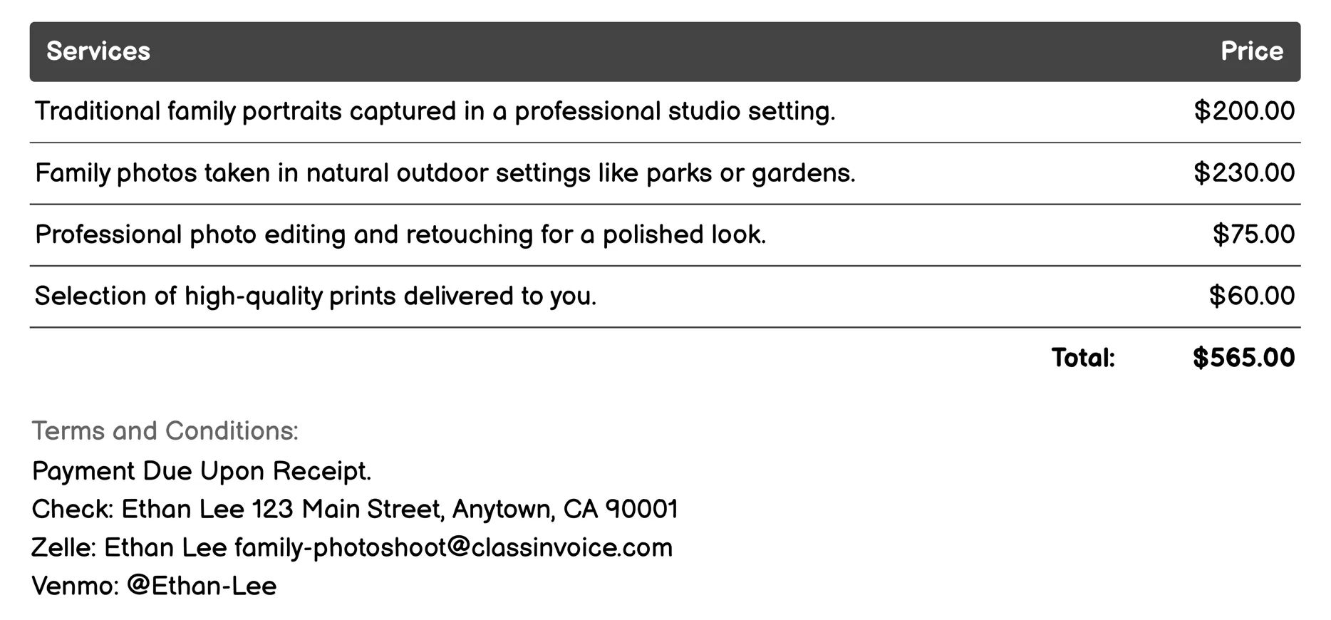 Traditional Family Portraits Invoice Example