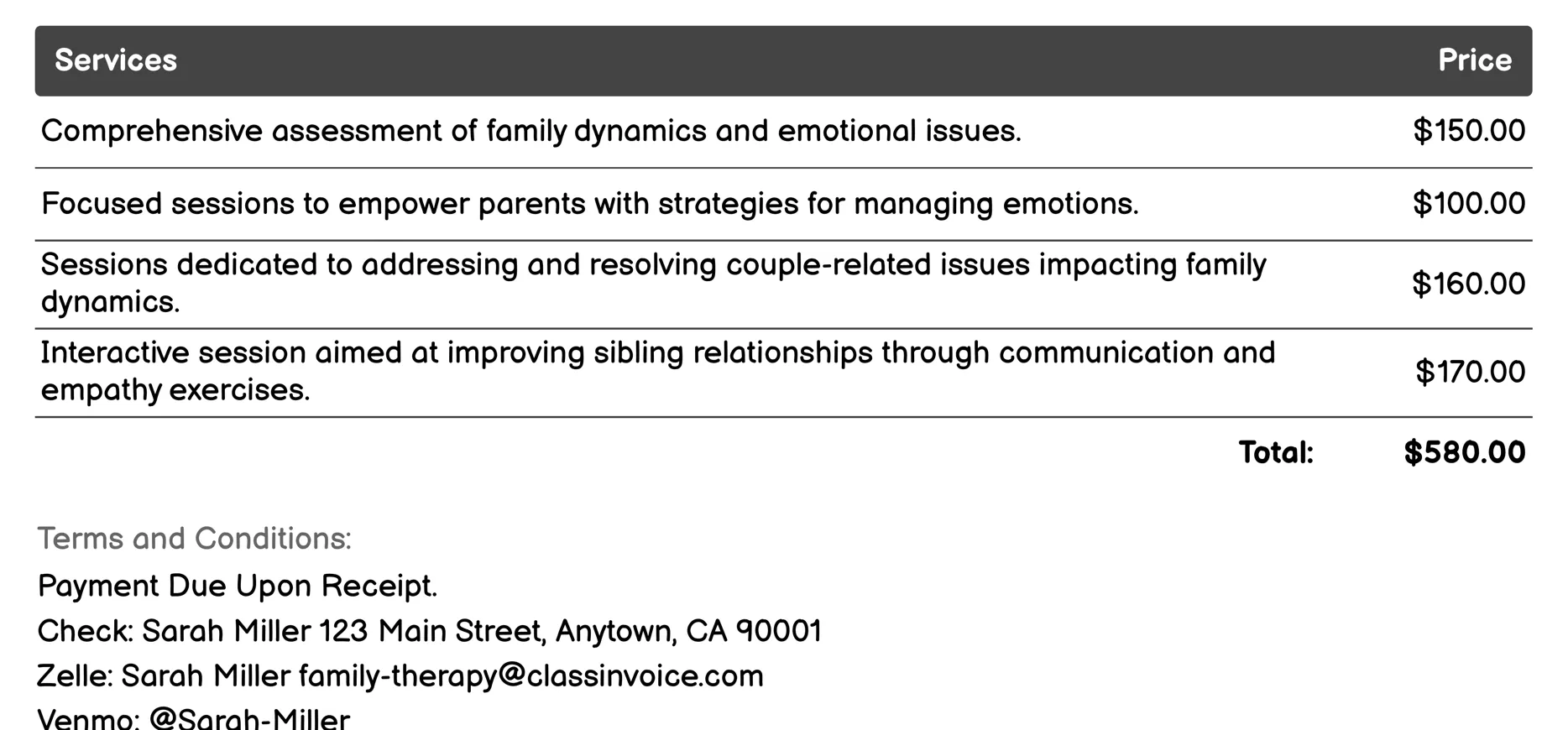 Emotionally Focused Family Therapy Invoice Example