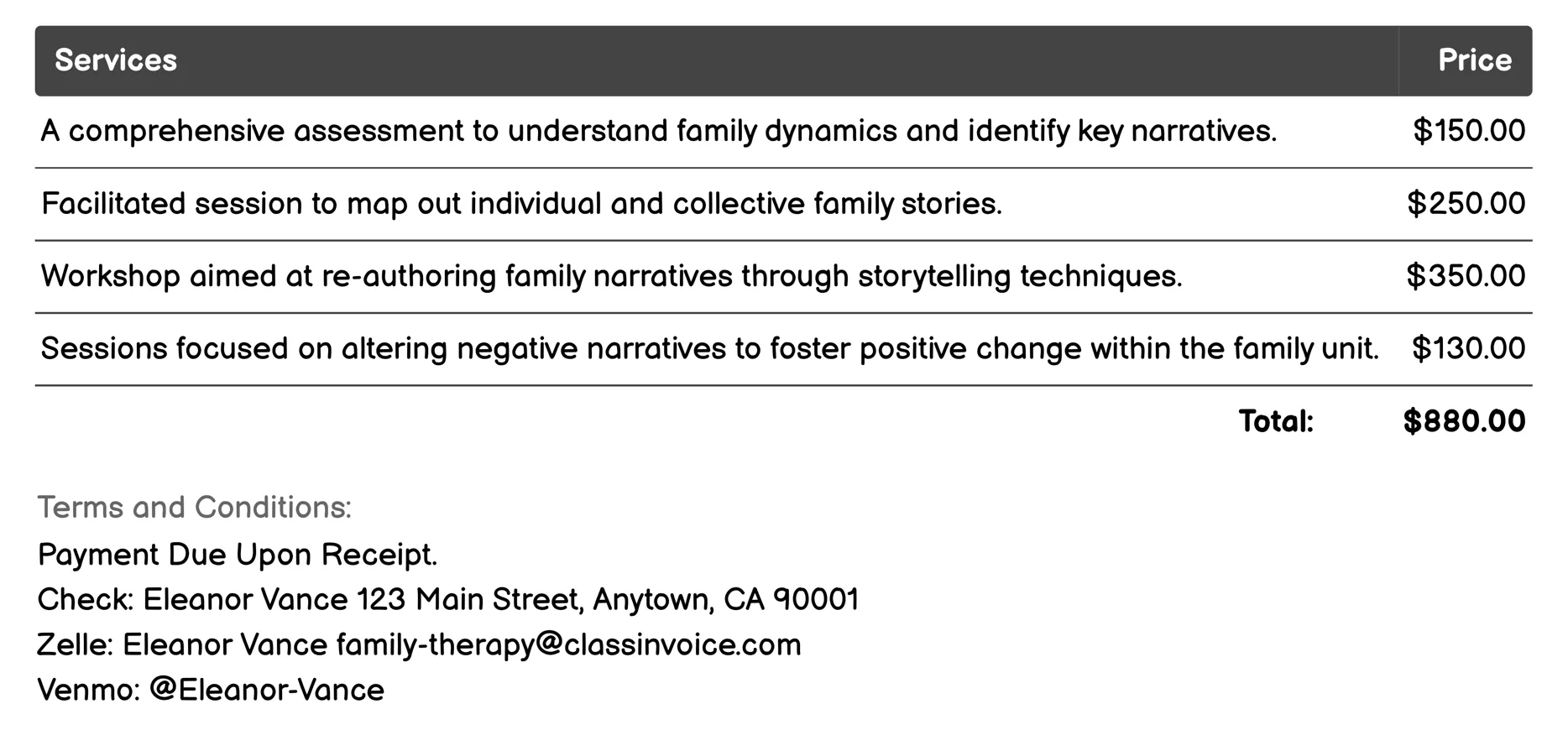 Narrative Family Therapy Invoice Example