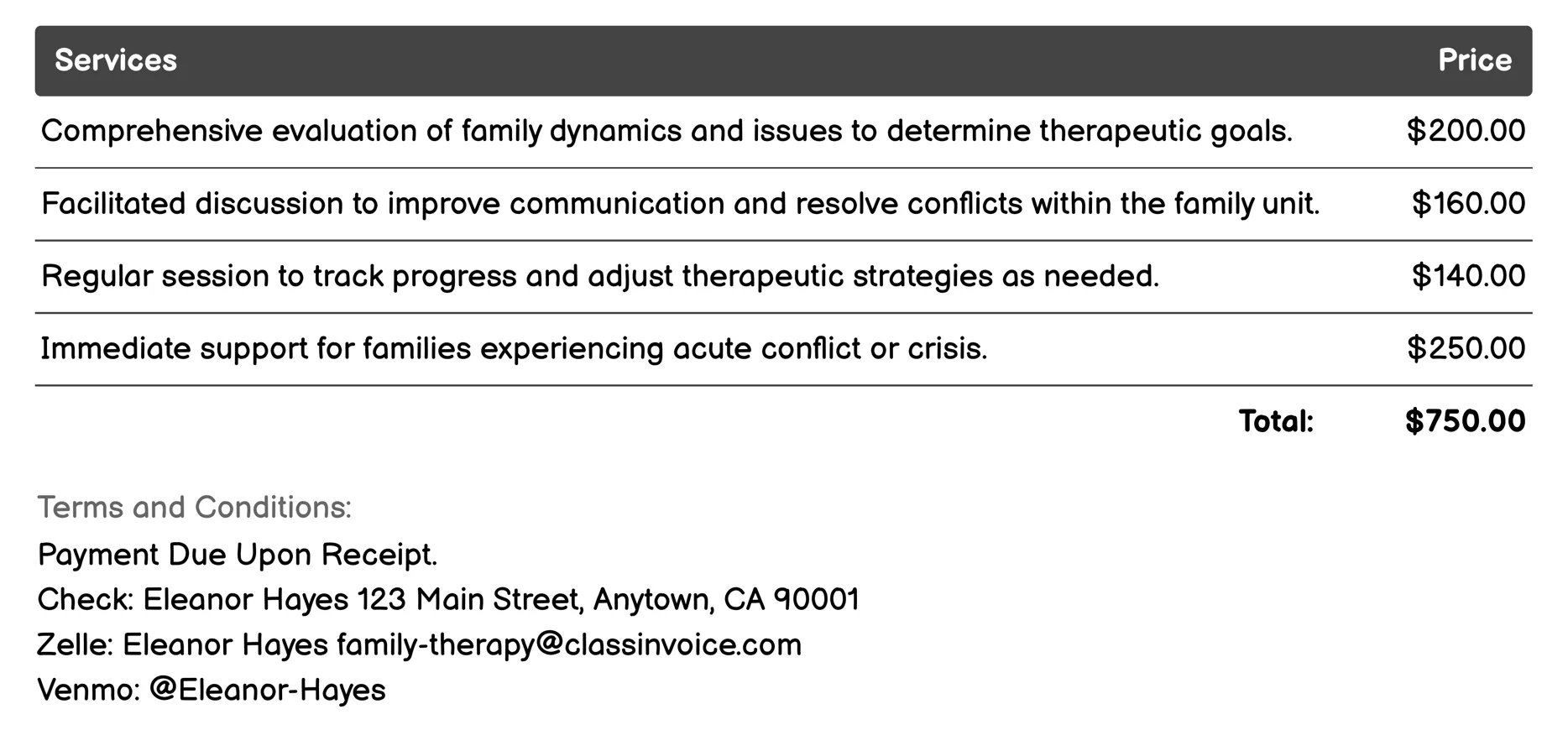 Systemic Family Therapy Invoice Example