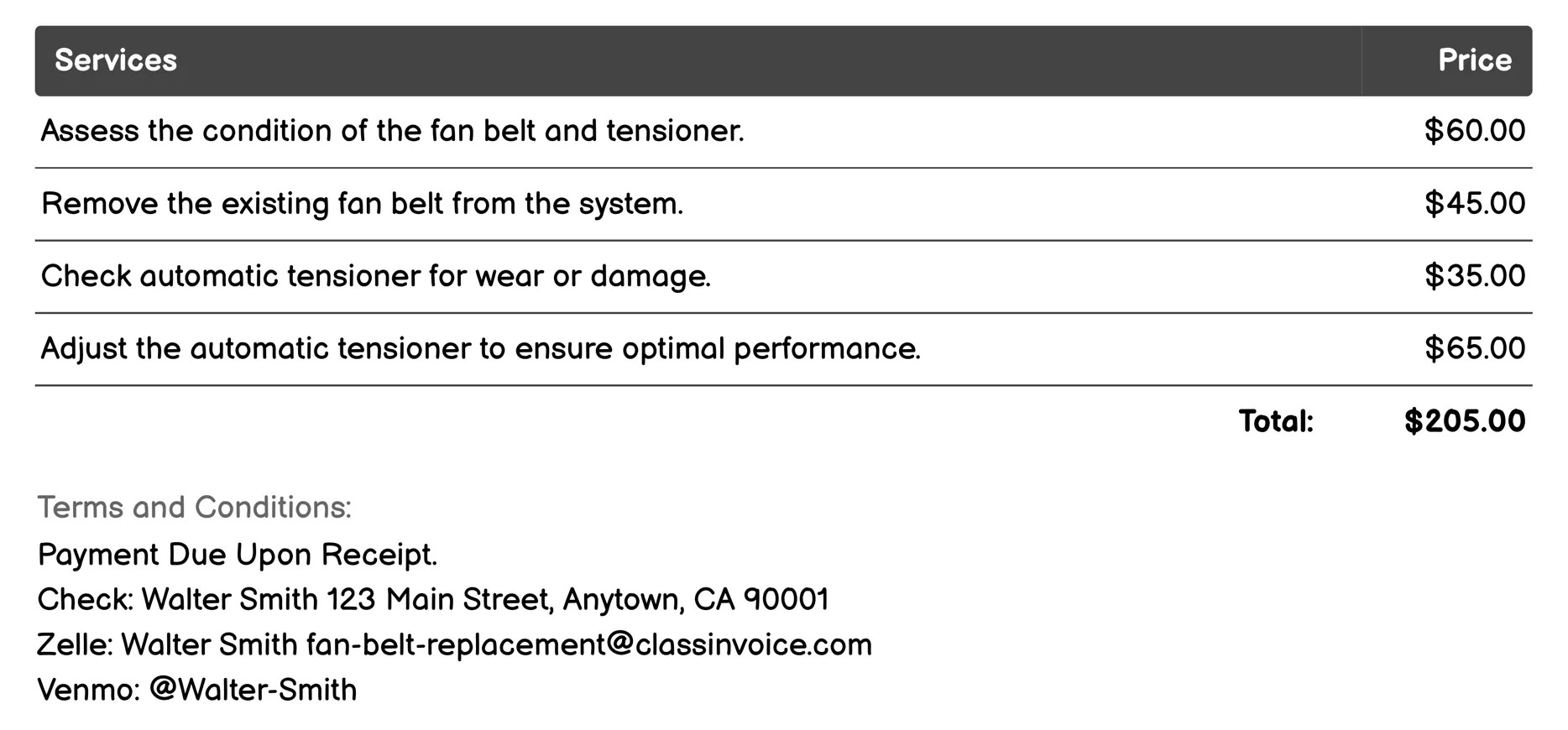 Automatic Tensioner Adjustment Invoice Example