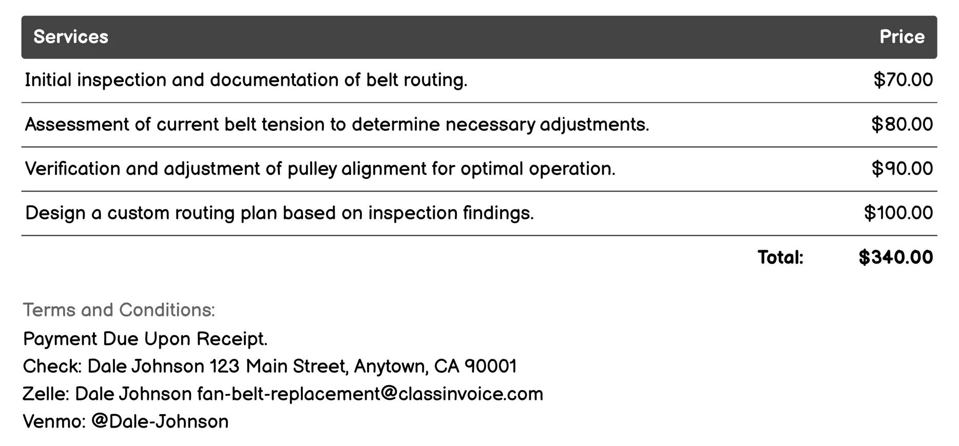 Custom Belt Routing Check Invoice Example